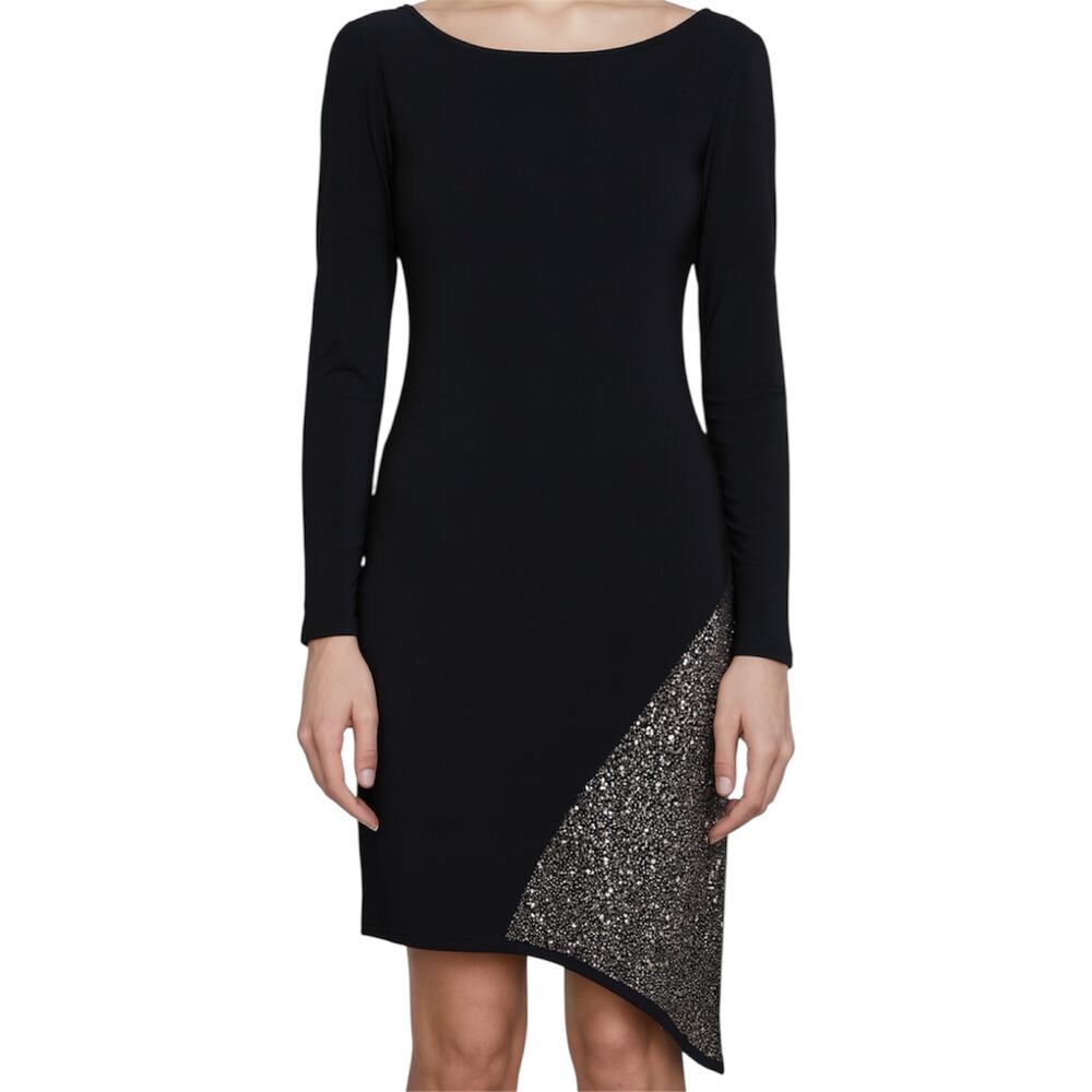 Joseph Ribkoff Shift Cocktail Dress Embellished Long Sleeve Eyelet Hole Black 6